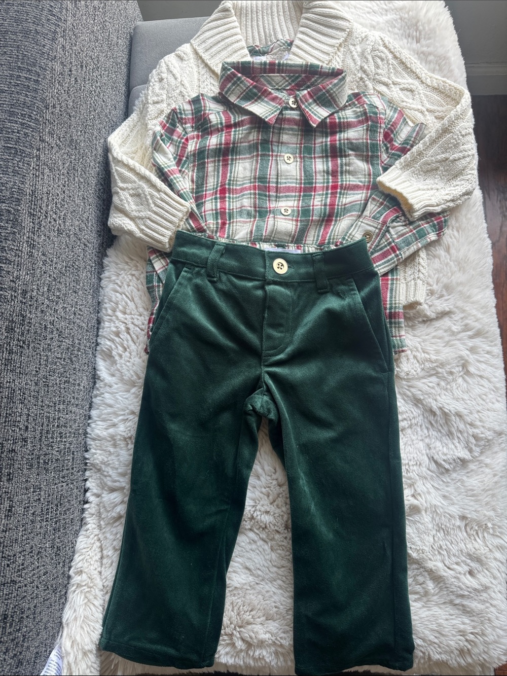 Tommy Bahama 12-18mos. 3-piece Green Corduroy Kids Pants with Plaid Shirt Set